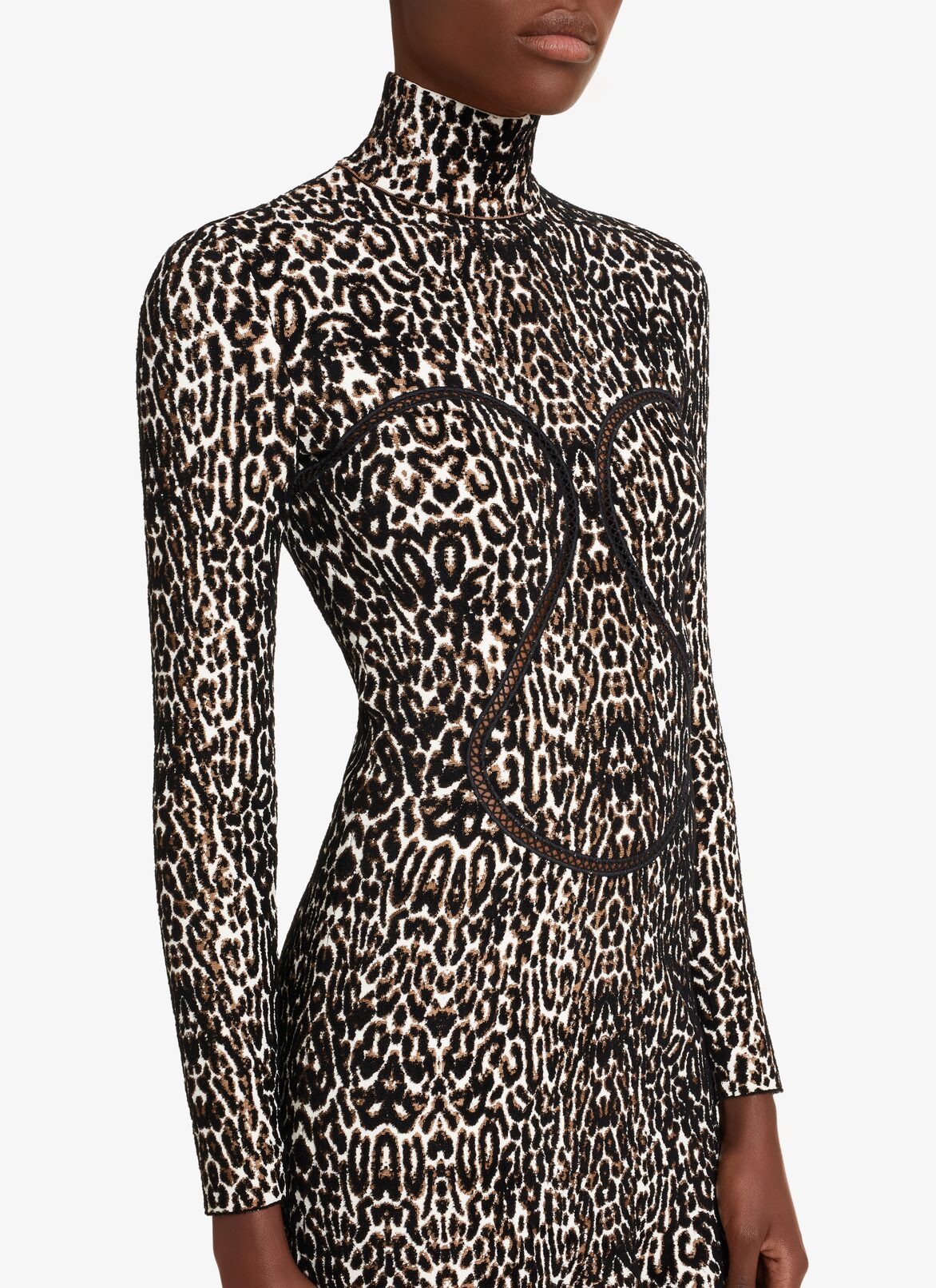 Robe col montant en maille léopard ALAÏA NOIR/IVOIRE ROBE COL MONTANT EN MAILLE LÉOPARD